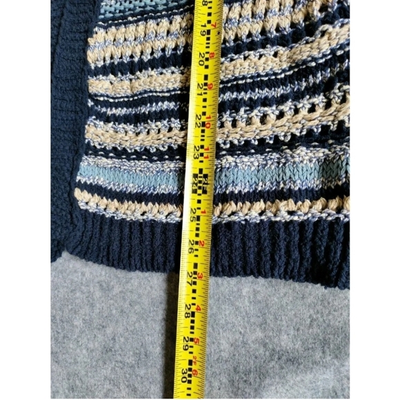 Benetton Womans Blue Knit Crochet Cut Out Striped Open Cardigan Sweater M NWT - Picture 10 of 14